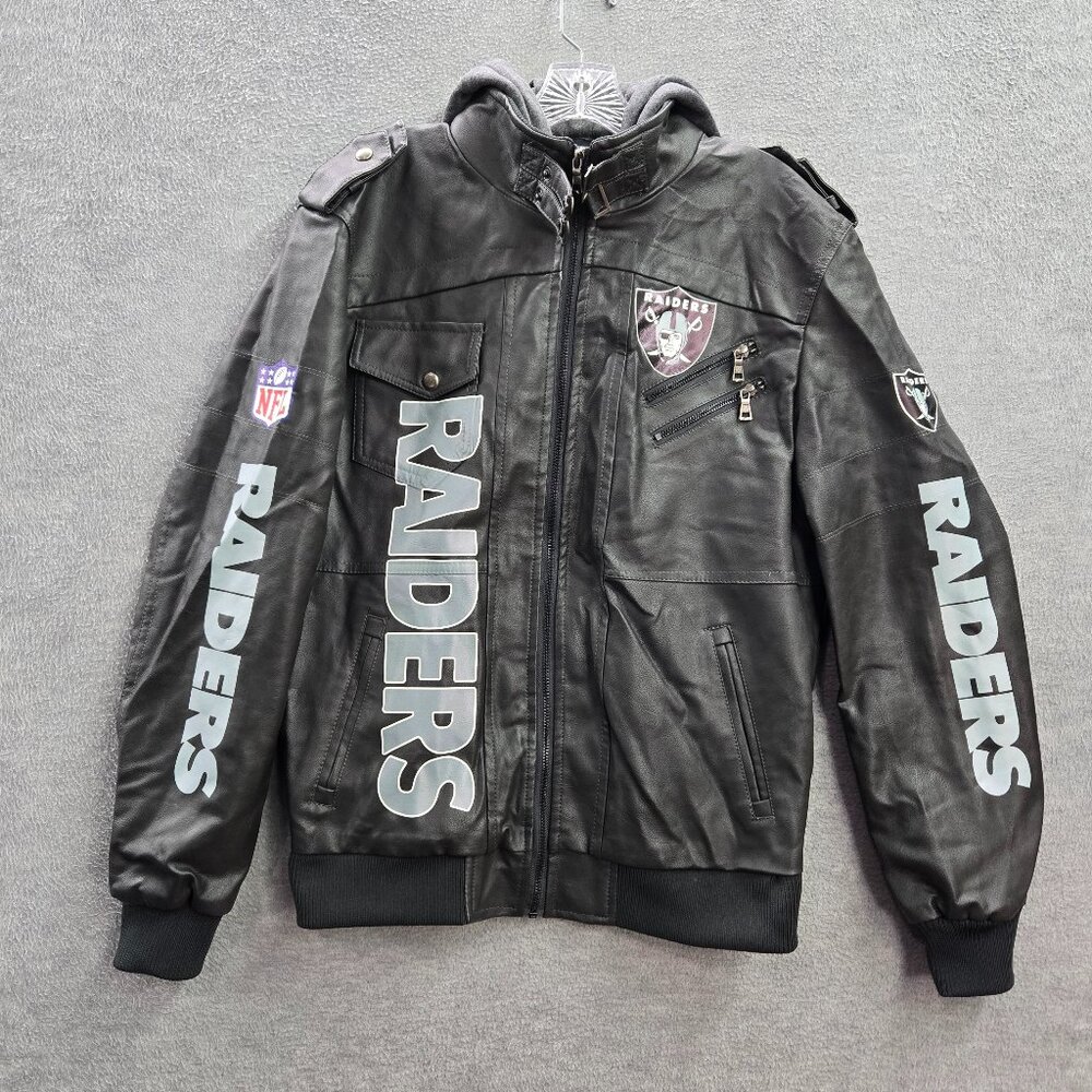 Oakland Raiders Men Biker Jacket Medium‎ Faux Leather Hooded Just Win Baby
